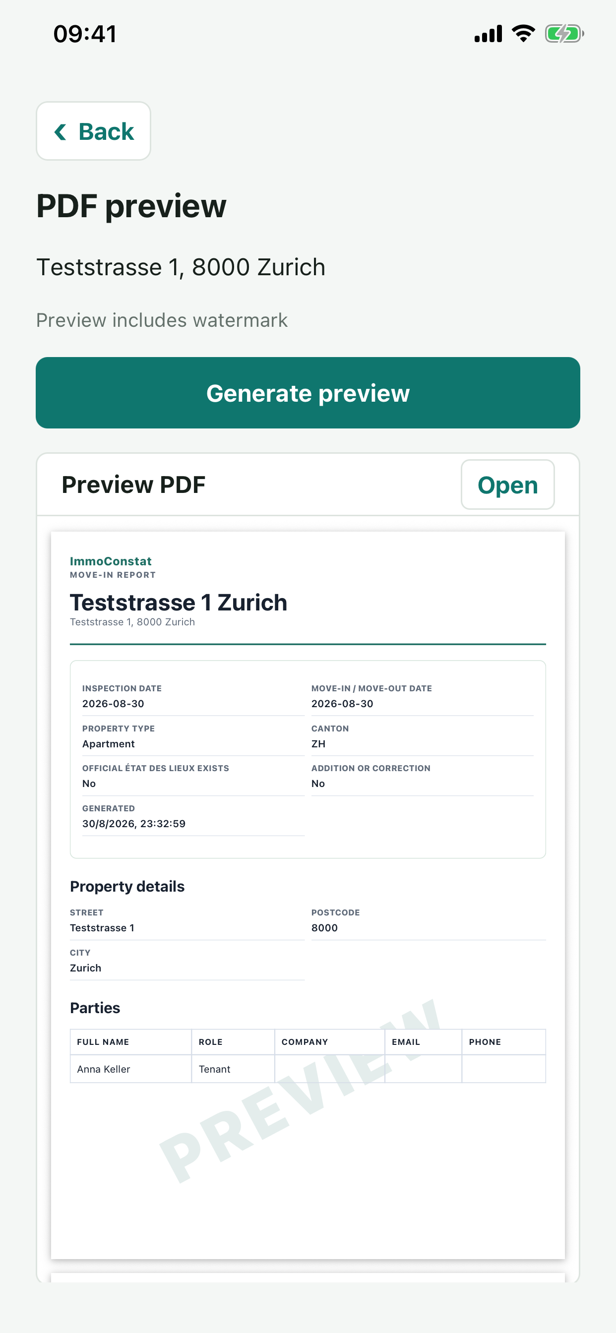 Example PDF report with property details and a preview watermark